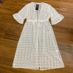 Elesol White Dotted Sheer Swim Cover Up Women Size Small Ruffle Sleeve Tie Waist